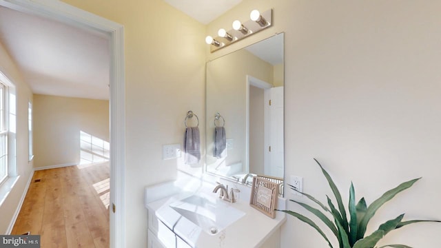 bathroom featuring hardwood / wood-style flooring and vanity