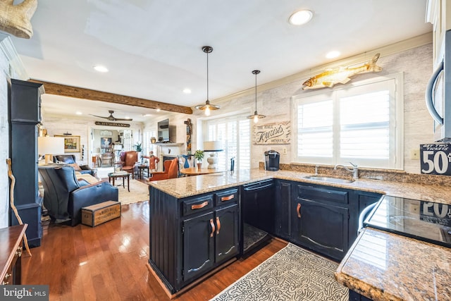 kitchen featuring sink, crown molding, dark wood-type flooring, dishwasher, and kitchen peninsula