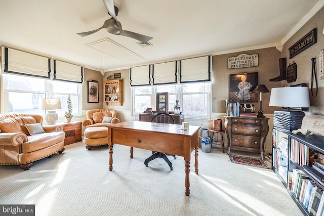 office area with plenty of natural light, ornamental molding, ceiling fan, and carpet flooring