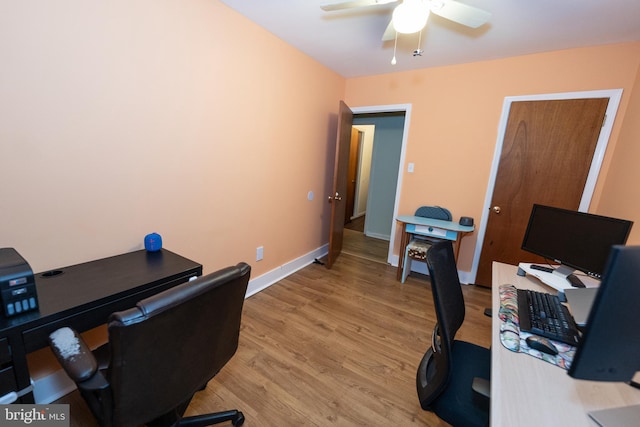 home office featuring ceiling fan and light wood-type flooring