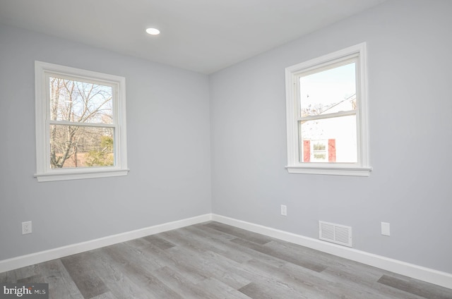 spare room with a wealth of natural light and light hardwood / wood-style floors