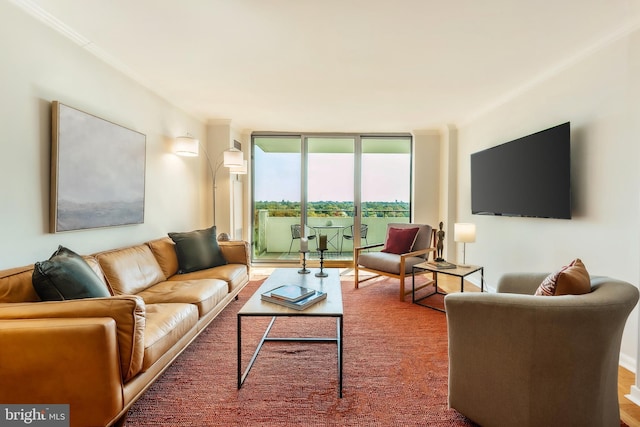 living room with floor to ceiling windows and crown molding