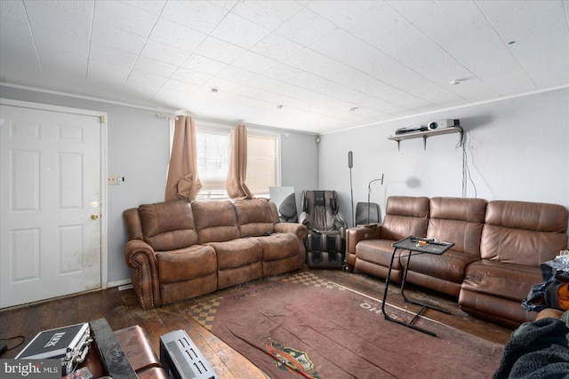 living room with ornamental molding and dark wood-type flooring