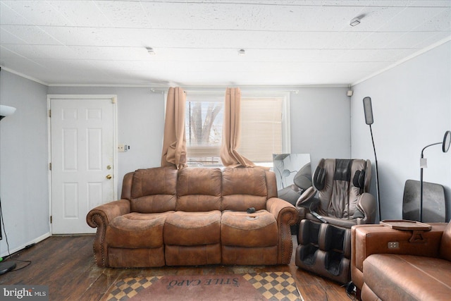 living room with crown molding and dark wood-type flooring