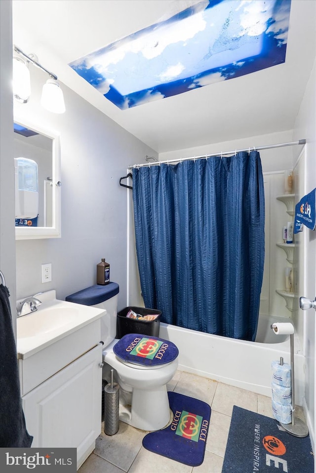 full bathroom featuring shower / bath combination with curtain, tile patterned floors, toilet, and vanity