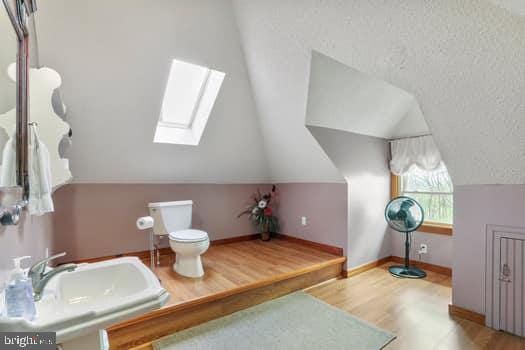 bathroom featuring sink, lofted ceiling with skylight, wood-type flooring, a textured ceiling, and toilet