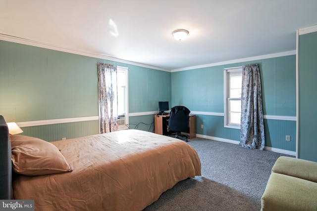 carpeted bedroom with crown molding