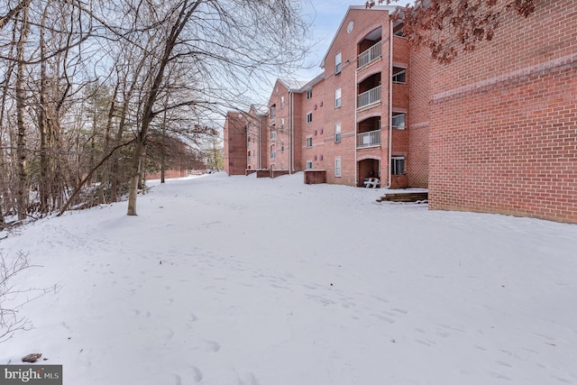 view of snow covered building