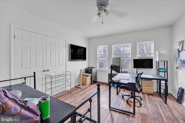 office area featuring wood-type flooring and ceiling fan