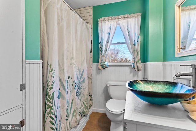 bathroom with a wainscoted wall, toilet, vanity, and a shower with curtain