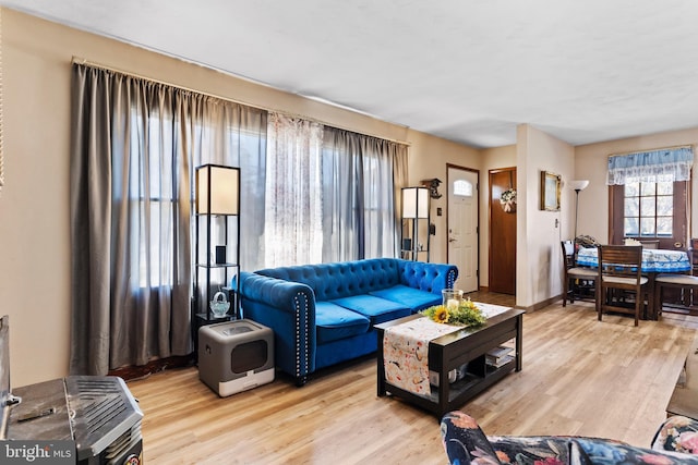 living area featuring baseboards and wood finished floors