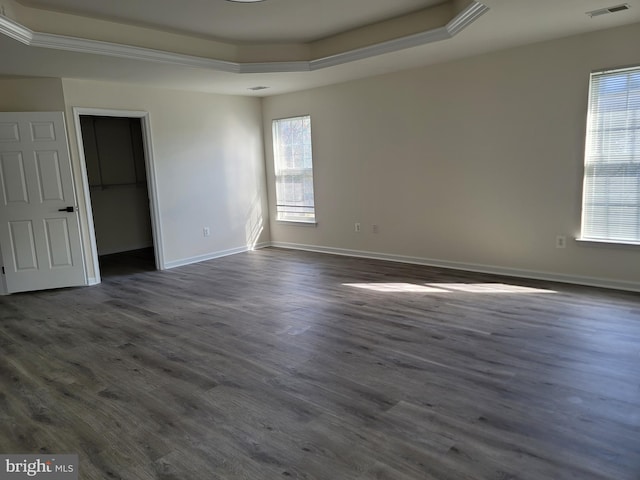 spare room with dark wood-type flooring and a raised ceiling