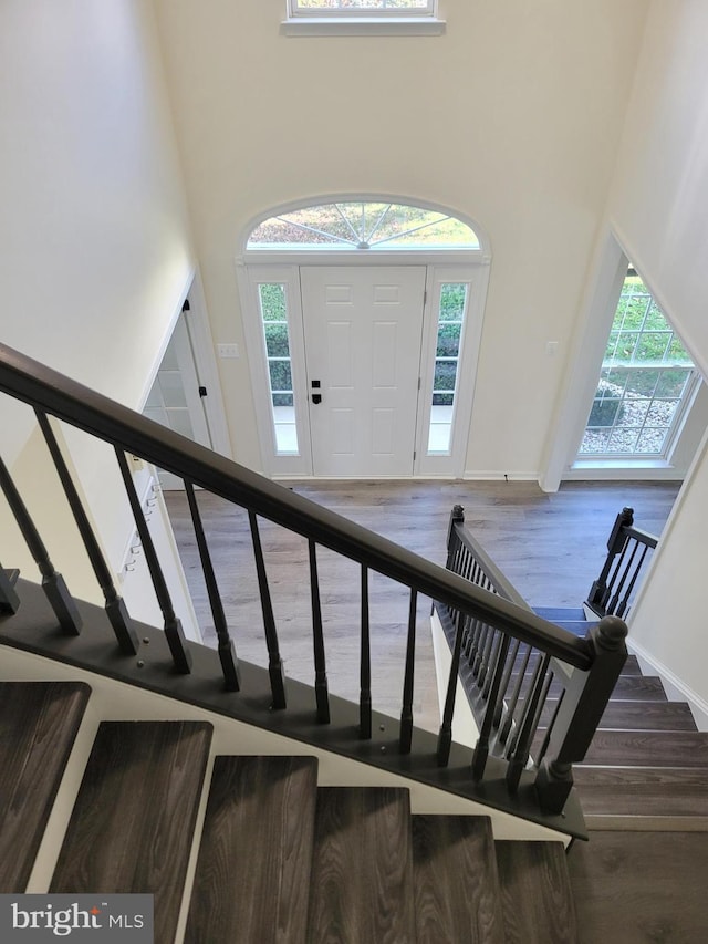 staircase with hardwood / wood-style floors, a healthy amount of sunlight, and a high ceiling