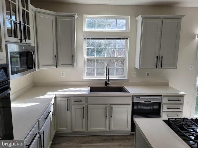 kitchen with dark hardwood / wood-style floors, sink, and black appliances