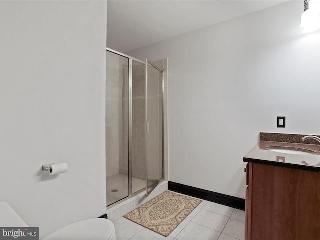 bathroom with vanity, an enclosed shower, tile patterned floors, and toilet