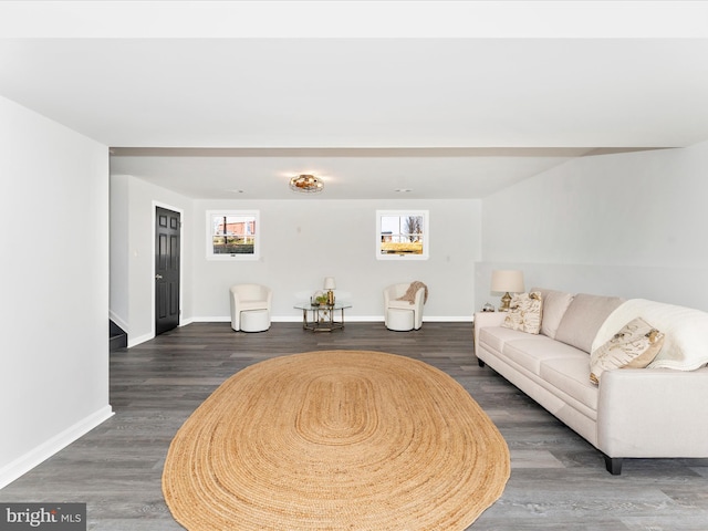 living room with dark hardwood / wood-style flooring