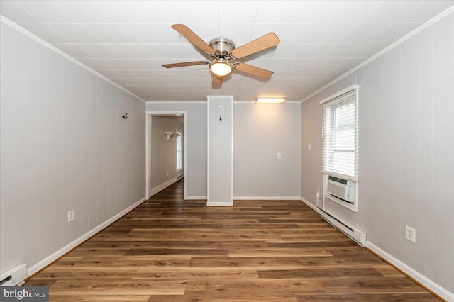 unfurnished room featuring ornamental molding, a ceiling fan, wood finished floors, and a baseboard radiator
