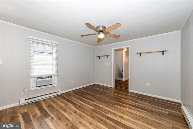 empty room with crown molding, cooling unit, and baseboard heating