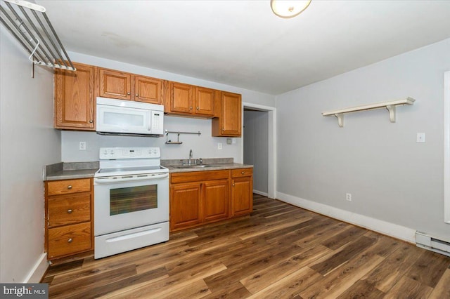 kitchen featuring brown cabinets, a sink, open shelves, dark wood-type flooring, and white appliances