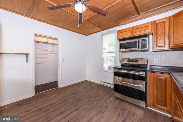 kitchen with wood ceiling, dark countertops, stainless steel appliances, ceiling fan, and dark wood-type flooring