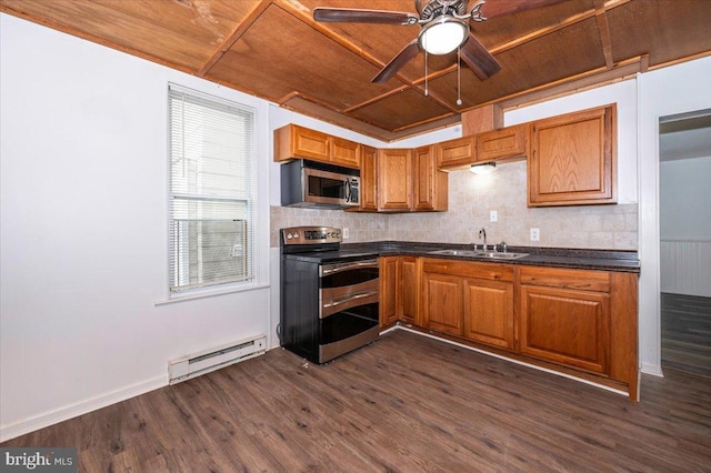 kitchen with wooden ceiling, stainless steel appliances, baseboard heating, a sink, and dark wood-style floors