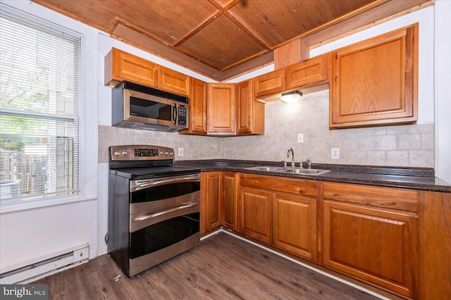 kitchen with dark wood finished floors, wooden ceiling, a baseboard radiator, appliances with stainless steel finishes, and a sink