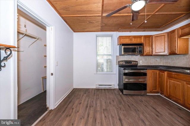 kitchen featuring ceiling fan, dark countertops, stainless steel appliances, baseboard heating, and wooden ceiling
