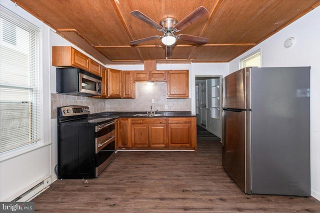 kitchen featuring a sink, appliances with stainless steel finishes, dark countertops, wooden ceiling, and a ceiling fan