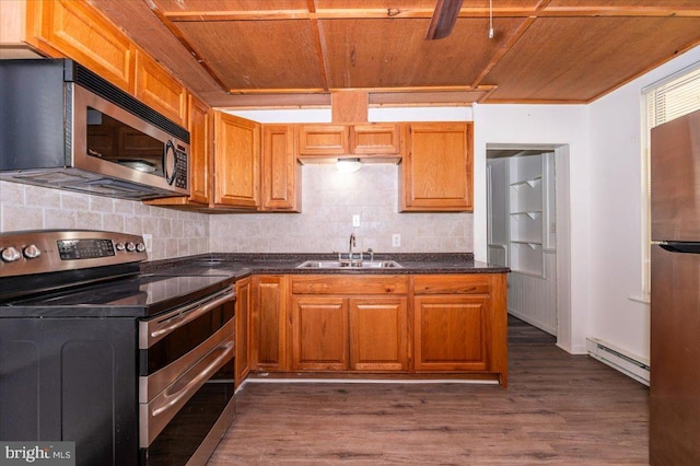 kitchen with wood ceiling, a sink, dark countertops, stainless steel appliances, and a baseboard heating unit