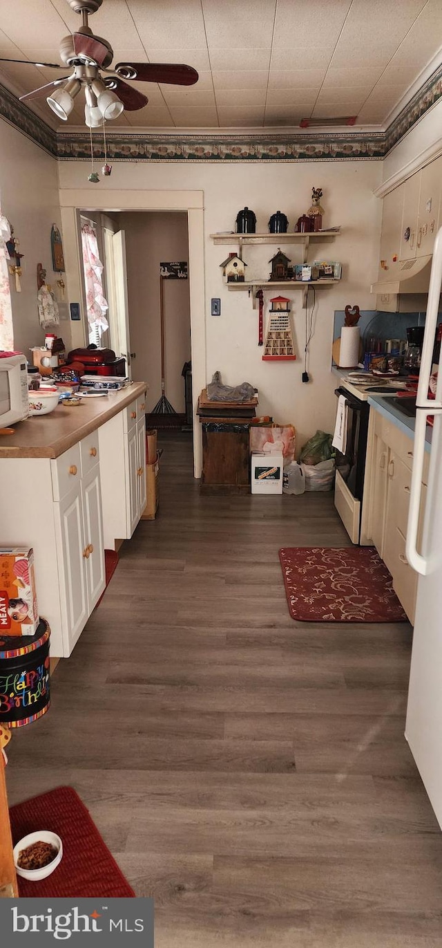 kitchen featuring white appliances, ornamental molding, dark hardwood / wood-style floors, and ceiling fan