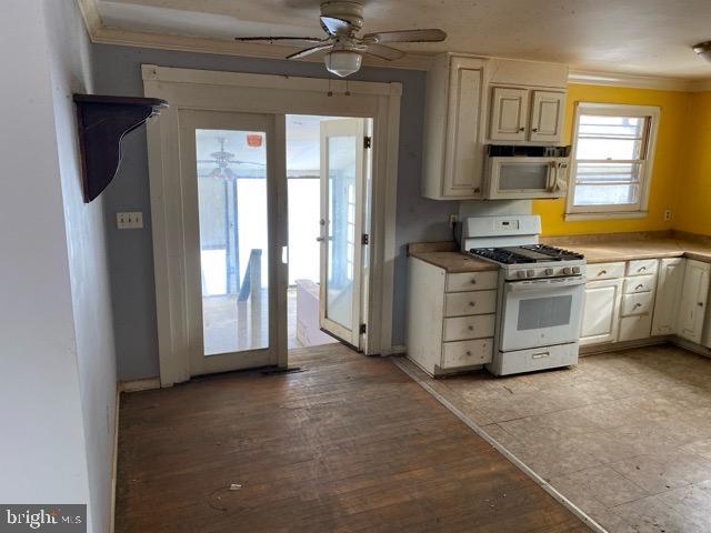 kitchen featuring ornamental molding, light wood-type flooring, ceiling fan, and white appliances