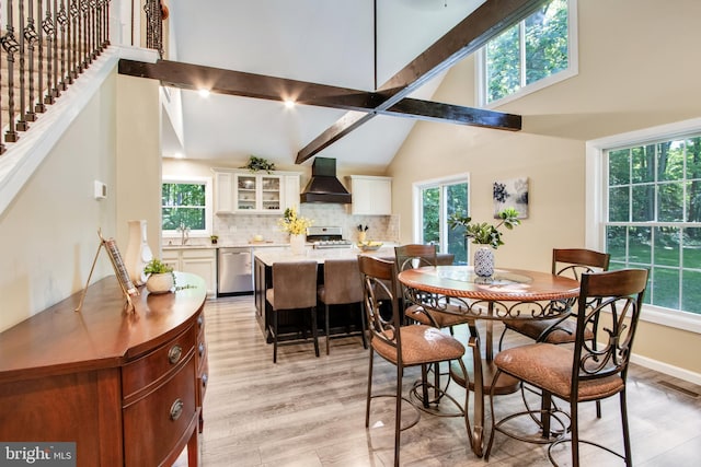 dining space featuring beamed ceiling, high vaulted ceiling, a wealth of natural light, and light hardwood / wood-style floors