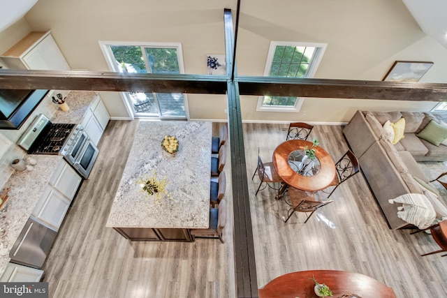 interior space featuring lofted ceiling, a wealth of natural light, and light hardwood / wood-style flooring