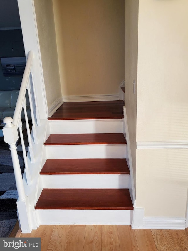 stairway with hardwood / wood-style floors