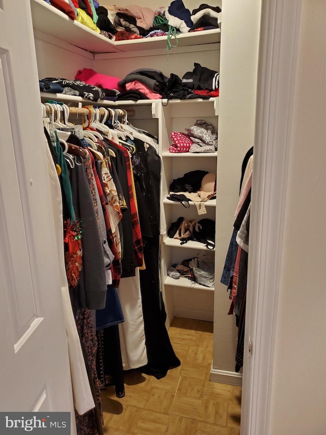 spacious closet featuring light parquet flooring