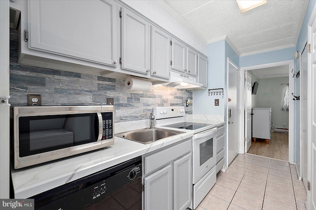 kitchen with sink, crown molding, black dishwasher, white electric range oven, and white cabinets