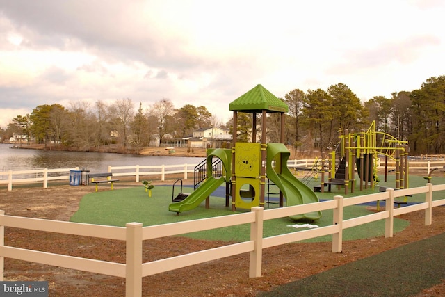 view of play area featuring a water view