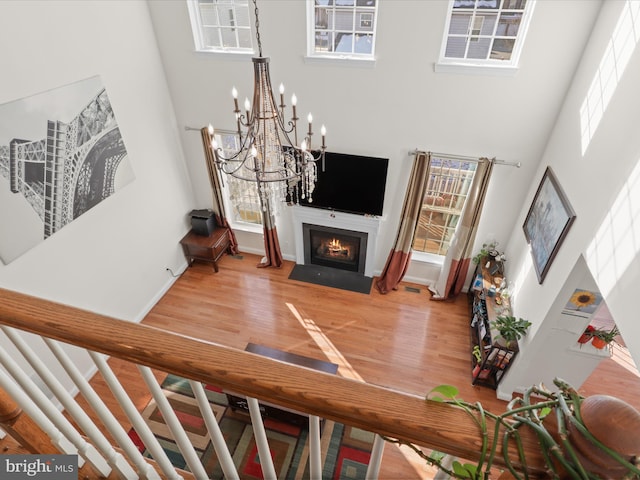 living room with a high ceiling and wood-type flooring