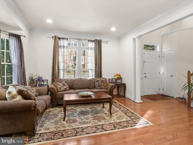 living room featuring decorative columns, ornamental molding, and light hardwood / wood-style floors