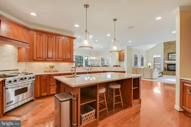 kitchen with sink, luxury stove, an island with sink, custom range hood, and a fireplace