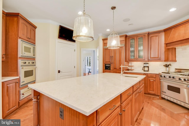 kitchen with stainless steel appliances, tasteful backsplash, pendant lighting, and a center island with sink