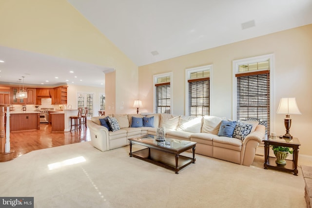 living room featuring high vaulted ceiling