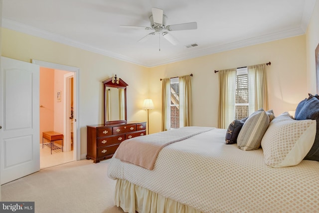 bedroom featuring light carpet, ornamental molding, and ceiling fan