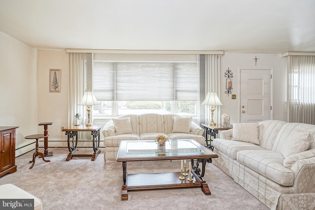 carpeted living room featuring baseboard heating