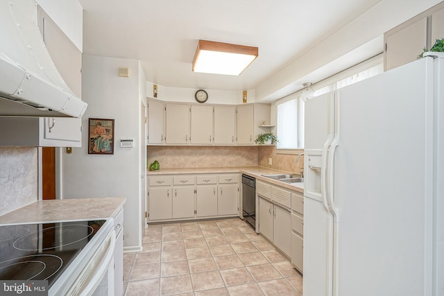 kitchen featuring white appliances, extractor fan, a sink, and light countertops