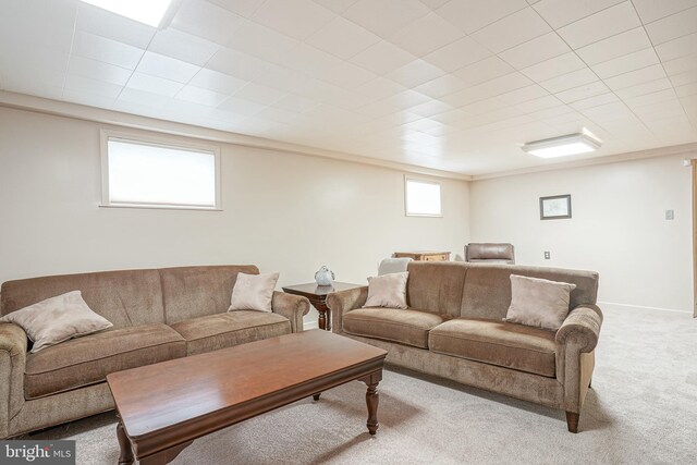 carpeted living area featuring baseboards