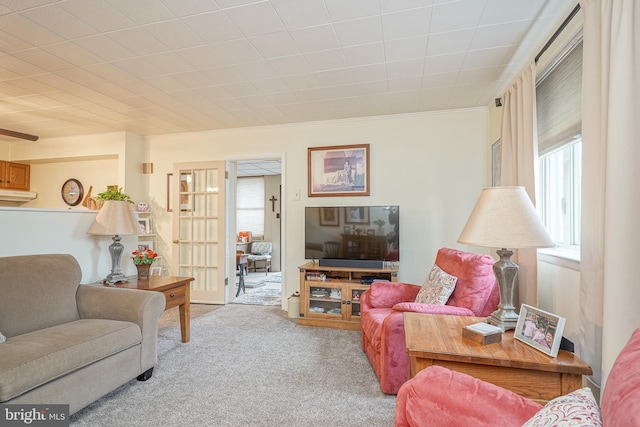 living room with ornamental molding and carpet flooring