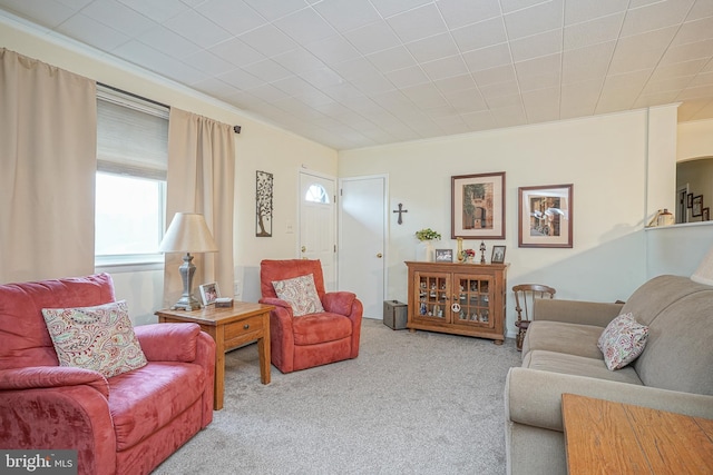 carpeted living room with ornamental molding