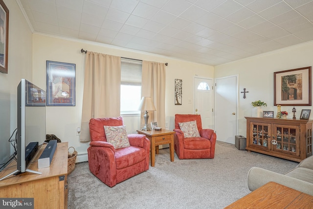 carpeted living room with a baseboard radiator and crown molding