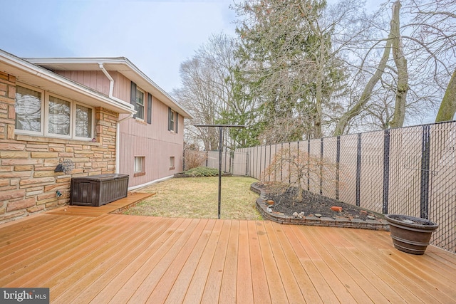 deck with a fenced backyard and a yard